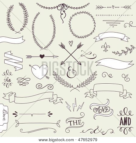 Gráfico de la boda situado, flechas, corazones, laurel, guirnaldas, cintas y etiquetas.