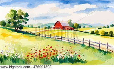 Farm Scene With Red Barn Dirt Road And Farm With Red Barn Wildflowers, Spring Landscape. Vector Illu