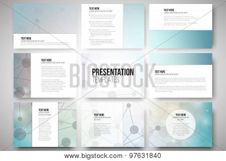 Set of 9 templates for presentation slides. Molecular structure design, blue scientific vector backg