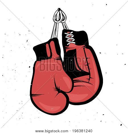 Hanging boxing gloves in retro style. Retro red boxing gloves hanging with a rope. Grunge effect on background