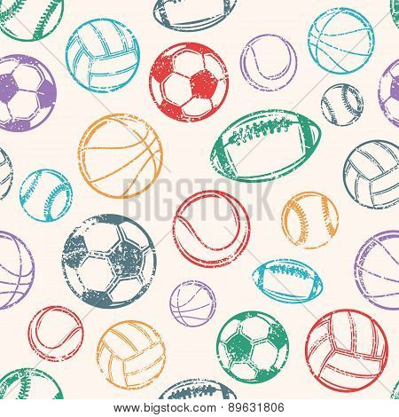 Sports Balls, Grunge Background, Seamless Pattern