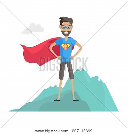 Super hero daddy in superhero costume. Smiling man in superhero costume with beard and glasses standing on a mountain. Happy super man. Cartoon superhero. Superhero icon. Vector illustration.