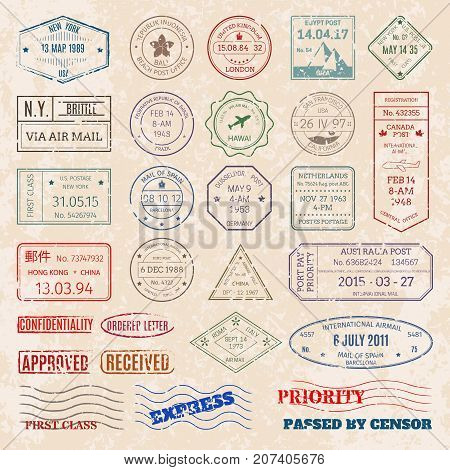 Vector set vintage postage stamps from countries all over world stamp different mail grunge postmark illustration. Old postcard retro border arrival frame.