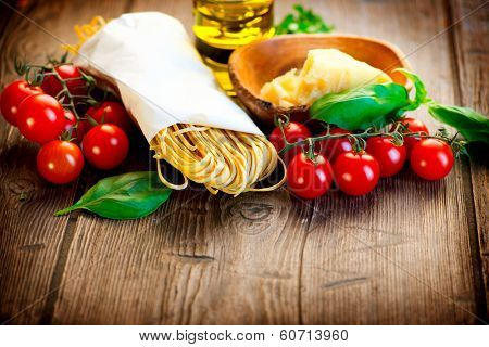 Pasta. Italian Homemade Spaghetti with truffles mushroom, cherry tomato, Parmesan cheese, basil and olive oil. Cooking Pasta. Dinner. Mediterranean cuisine