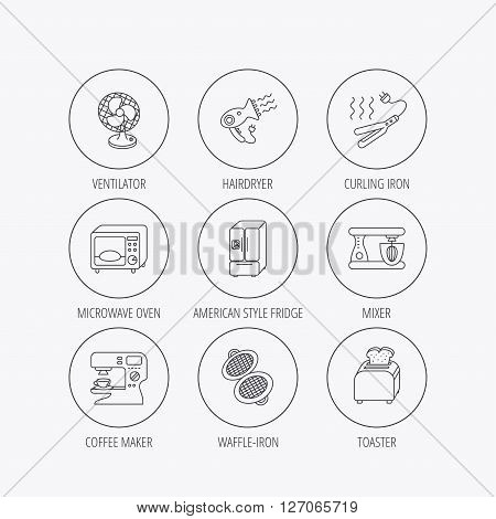 Microwave oven, hair dryer and blender icons. Refrigerator fridge, coffee maker and toaster linear signs. Ventilator, curling iron and waffle-iron icons. Linear colored in circle edge icons.