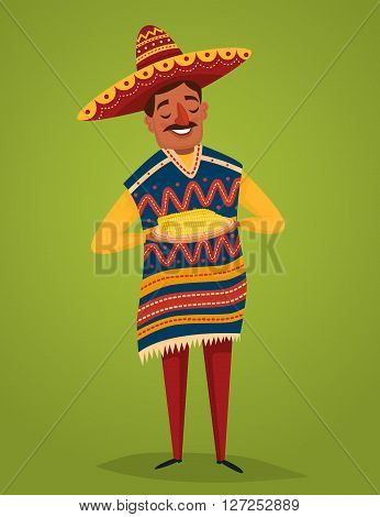 Mexican food concept. Man in Mexican national costume. Vector character in cartoon style. Banner of mexican food. Cartoon mexican food poster. National food from Mexico. Mexican people concept.