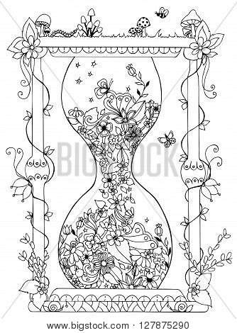 Vector illustration zentangl hourglass with flowers. Time flowering spring doodle. Coloring Book for adult anti-stress. Adult coloring book.