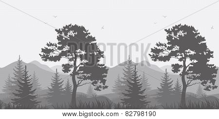 Mountain landscape with trees and birds