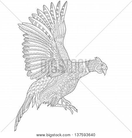 Zentangle stylized cartoon flying pheasant bird (cock hen phoenix). Hand drawn sketch for adult antistress coloring book page T-shirt emblem tattoo with doodle zentangle design elements.