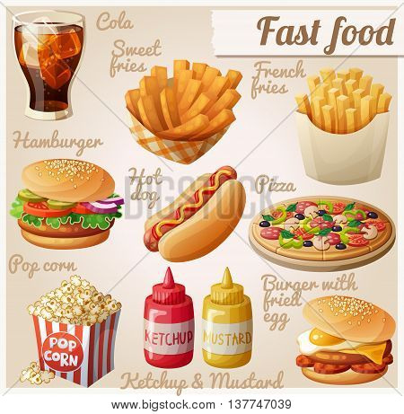 Fast food. Set of cartoon vector food icons. Ketchup, mustard, glass of cola, french fries, hamburger, sweet potato fries, burger with fried egg, pop corn, hot dog, pizza