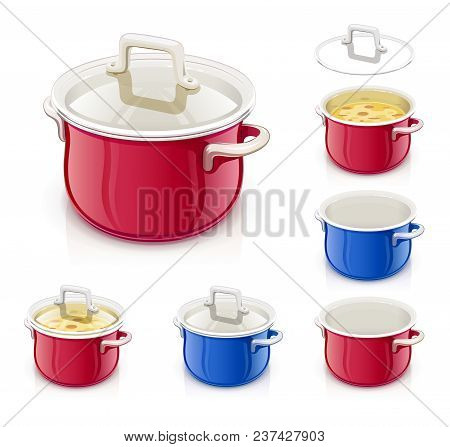 Red And Blue Saucepan With Lid. Kitchen Tableware. Prepare Food. Cooking Meal. Kitchenware Tool. Ute