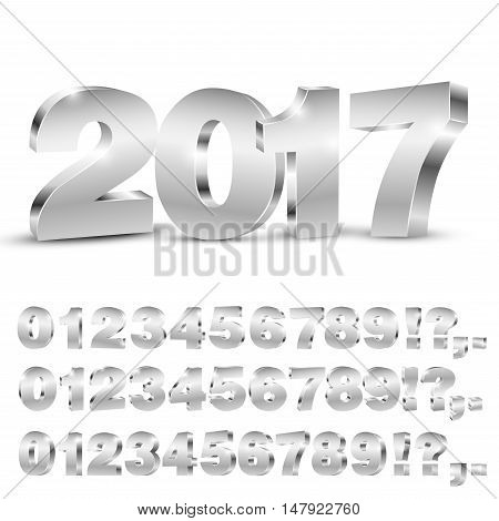 3D vector numbers, three set of different angles, metalic chrome digit and 2017 years title on white background