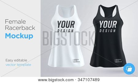 Womens White And Black Sleeveless Tank Top. Female Active Racerback Mockup