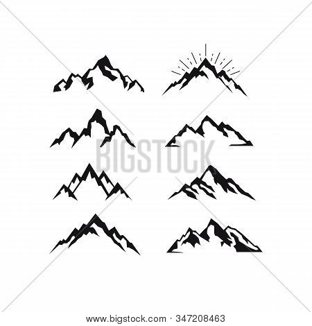 Mountain Tourism And Rock Climbing Icon Set. Mountain Top Black Silhouette With Snowy Peak, Mountain