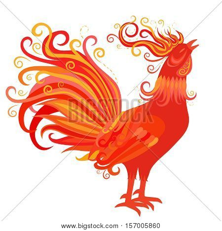 Fire Rooster Crowing. Symbol of New Year 2017. Chinese zodiac sign. Red, orange and yellow colors. Flourish weave design. Vector decorative flame bird. Fiery cock isolated on white background.