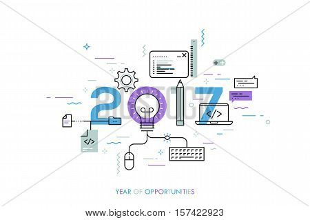 Infographic banner 2017 year of opportunities. New hot trends and prospects in software, front-end web development, program coding, programming languages. Vector illustration in thin line style.