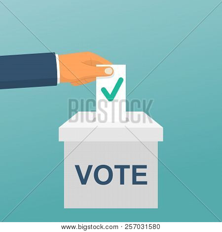 Voting Concept. Vector Illustration Flat Design Style. Man Hold In Hand Bulletin, Puts In Ballot Box