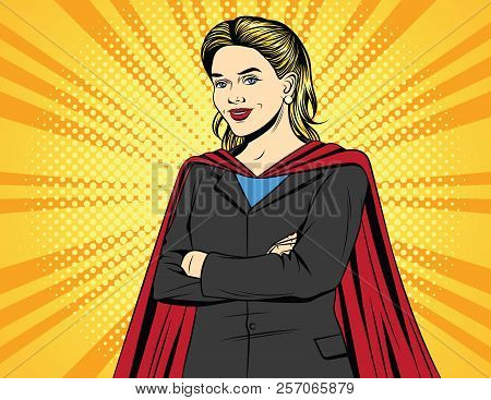 Vector Color Pop Art Comic Style Illustration Of A Business Woman In A Super Hero Costume. Beautiful