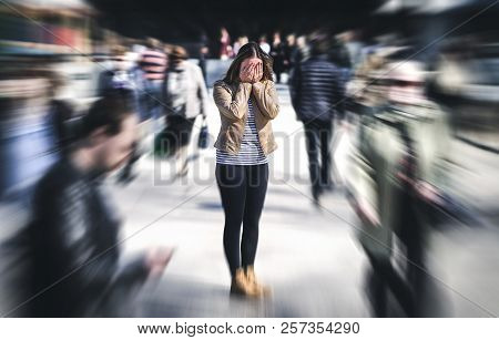 Panic Attack In Public Place. Woman Having Panic Disorder In City. Psychology, Solitude, Fear Or Men