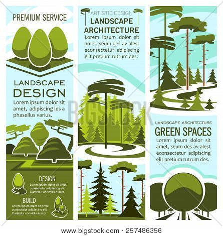 Green Landscape Design And Nature Architecture Banners For Landscaping And Gardening Company. Vector