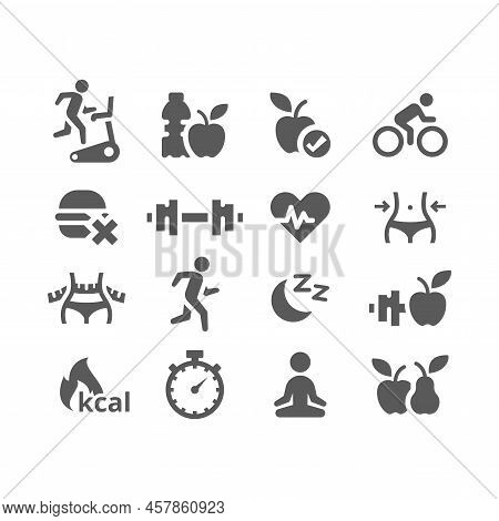 Workout And Exercising Vector Icon Set. Fitness, Weight Loss And Healthy Eating And Lifestyle Filled