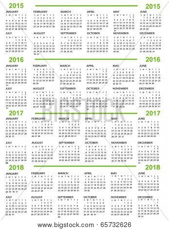 Calendar, New Year    2015, 2016, 2017,  2018 with green lines