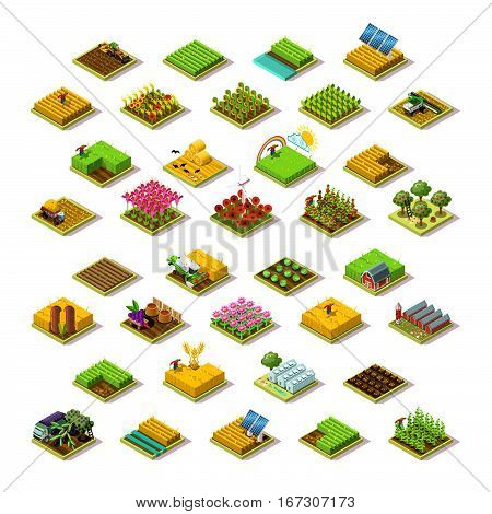 Isometric farm house building staff farming agriculture scene 3D icon set collection vector illustration