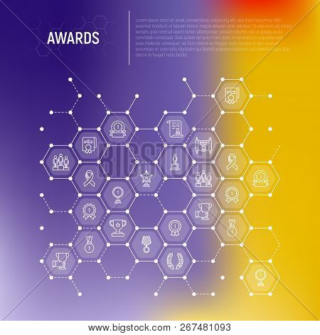 Awards Concept In Honeycombs With Thin Line Icons: Trophy, Medal, Cup, Star, Statuette, Ribbon. Mode