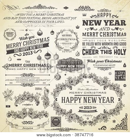 Christmas decoration collection | Set of calligraphic and typographic elements, frames, vintage labels. Ribbons, flower, balls, borders, retro ornaments and patterns. Vector.