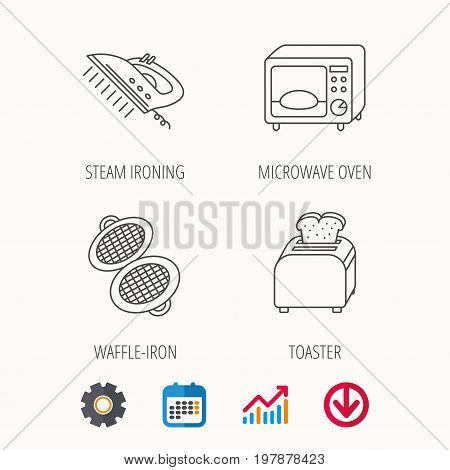 Microwave oven, waffle-iron and toaster icons. Steam ironing linear sign. Calendar, Graph chart and Cogwheel signs. Download colored web icon. Vector