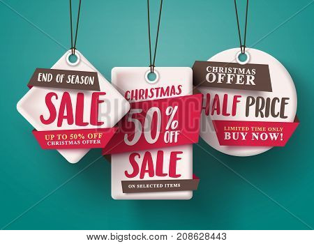 End of season Christmas sale vector set of red sale tags hanging with half price text and with origami paper style for holiday discount promotion. Vector illustration.