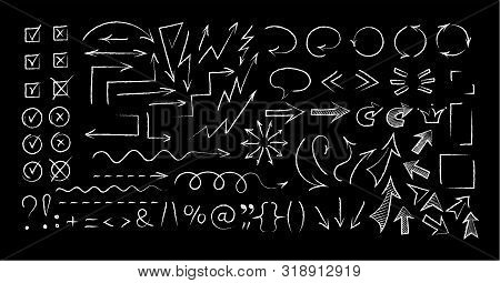 Sketchy Arrow Chalk Style Set Vector Illustration. Group Of Chalked Arrows And Checkboxes, Chalk Mar