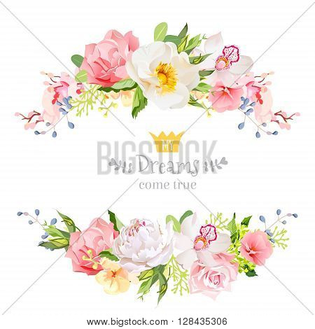 Lovely wishes floral vector design frame. Wild rose peony orchid hydrangea pink and yellow flowers. Floral banner stripe elements.