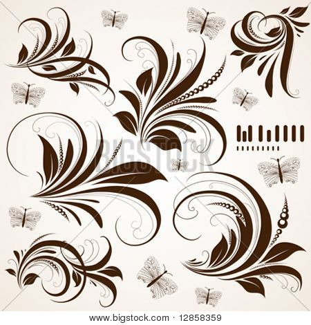 vector set: swirls - variety of handdrawn floral design elements