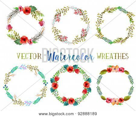 Vector watercolor wreathes with leaves and flowers. 