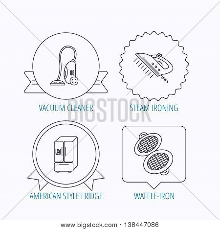 Vacuum cleaner, steam ironing and waffle-iron icons. American style fridge linear sign. Award medal, star label and speech bubble designs. Vector