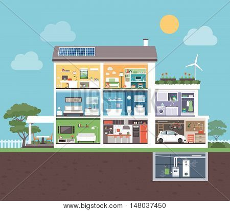 Modern house cross section with rooms: bedroom office bathroom kitchen living room laundry garage boiler room