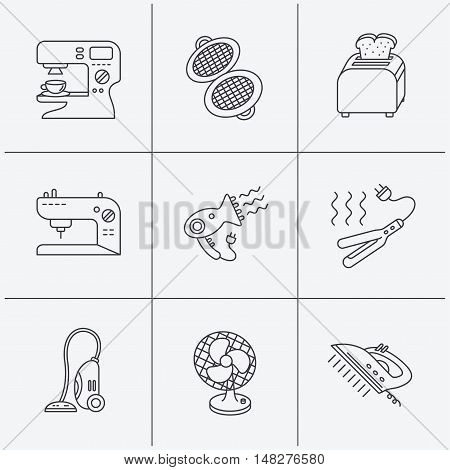 Coffee maker, sewing machine and toaster icons. Ventilator, vacuum cleaner linear signs. Hair dryer, steam ironing and waffle-iron icons. Linear icons on white background. Vector