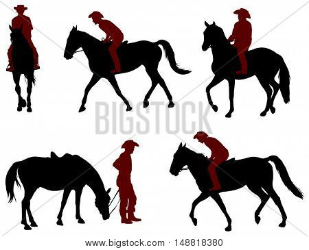 cowboy riding a horse silhouettes - vector