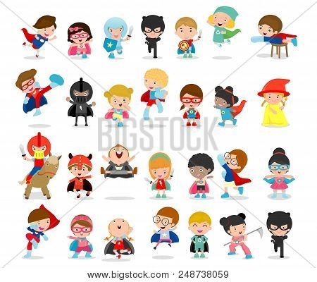 Cartoon Big Set Of Kid Superheroes Wearing Comics Costumes,kids With Superhero Costumes Set, Kids In