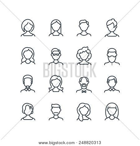 Woman And Man Face Line Icons. Female Male Profile Outline Symbols With Different Hairstyles. Vector