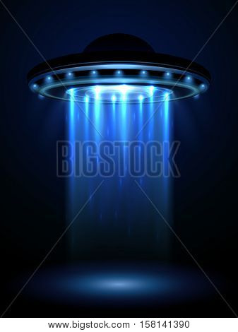 Aliens ufo, interstellar spaceship vector illustration. Ufo in form plate or saucer, interstellar spaceship ufo