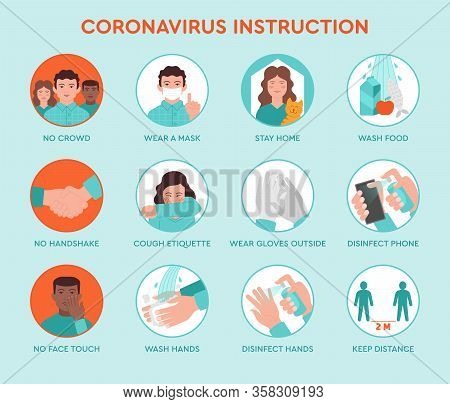 Set Icons Infographic Of Prevention Tips Quarantine Coronavirus Covid-19 Instruction Inside And Outs