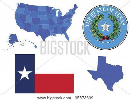 Vector Illustration of state Texas,contains: High detailed map of USA High detailed flag of state Texas High detailed great seal of state Texas State Texas, shape