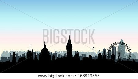 London city buildings silhouette over morning sky. English urban landscape. London cityscape with landmarks. Travel Untied Kingdom skyline background.