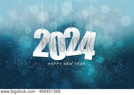 Happy New Year 2024. Hanging White Paper Number With Confetti On A Colorful Blurry Background. Illus