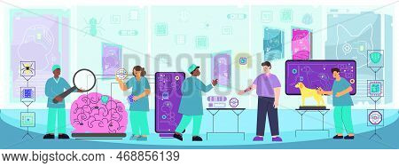 Micro Chip Human Composition With Flat Futuristic Laboratory Scenery With People In Uniform Computer