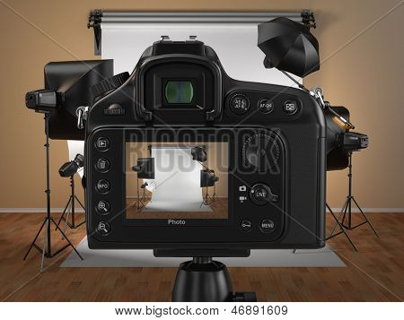 Digital photo camera in studio with softbox and flashes. 3d