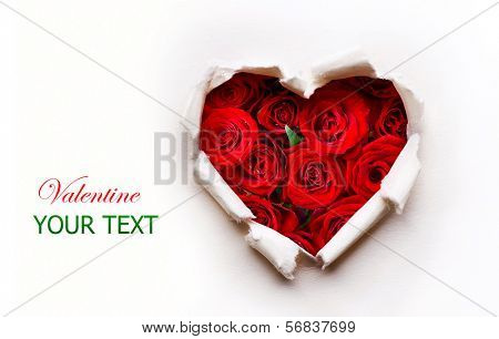 Valentine Heart Art Design. Paper Valentines Heart with Red Rose Flowers Bouquet. Postcard or Invitation Card Design. Heart Shape Hole through Paper with Roses inside