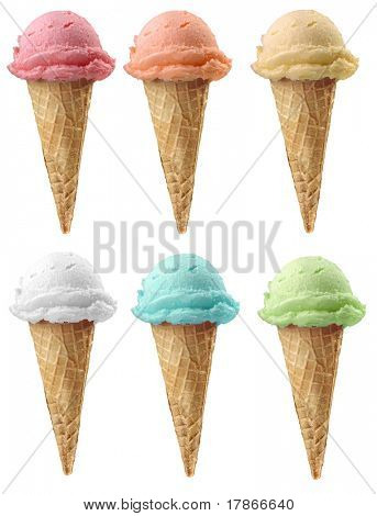 Six ice cream cones of 6 different flavors with clipping path